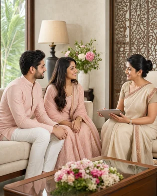Indian couple receiving guidance from a matrimony advisor