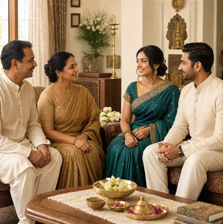 Indian couple and family discussing common matrimony questions