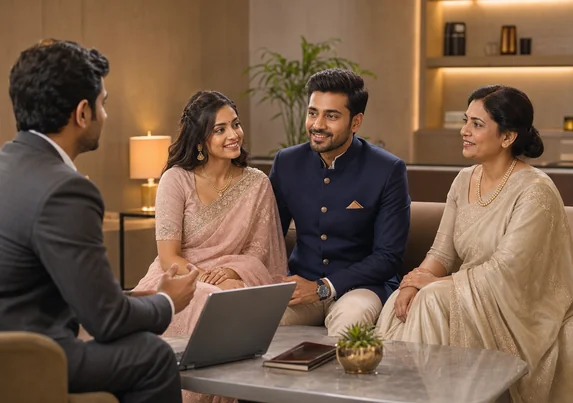 Indian family speaking with a matrimony support advisor